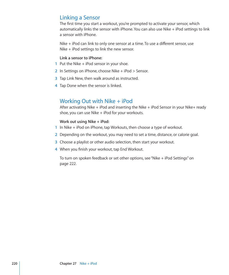 Linking a sensor, Working out with nike + ipod | Apple iPhone 4G User Manual | Page 220 / 274
