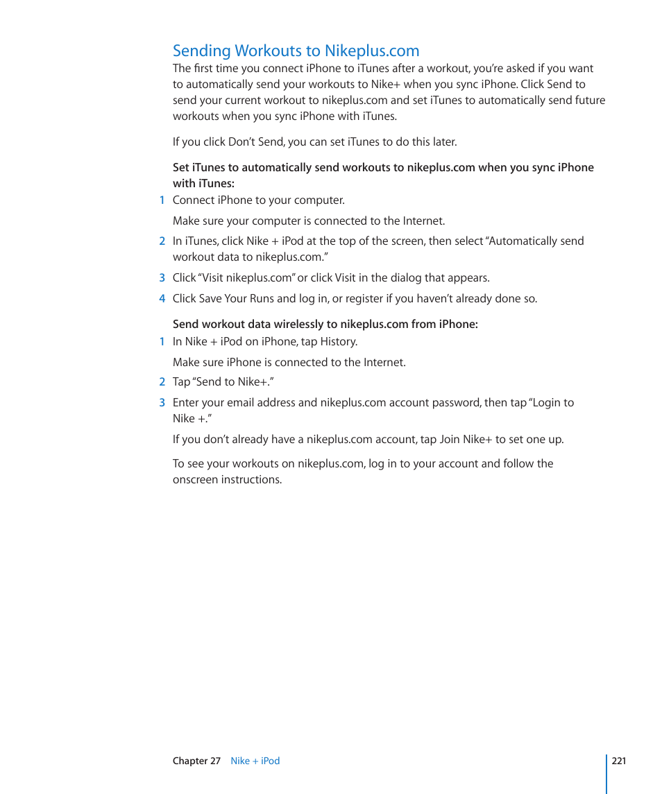 Sending workouts to nikeplus.com, 221 sending workouts to nikeplus.com | Apple iPhone 4G User Manual | Page 221 / 274