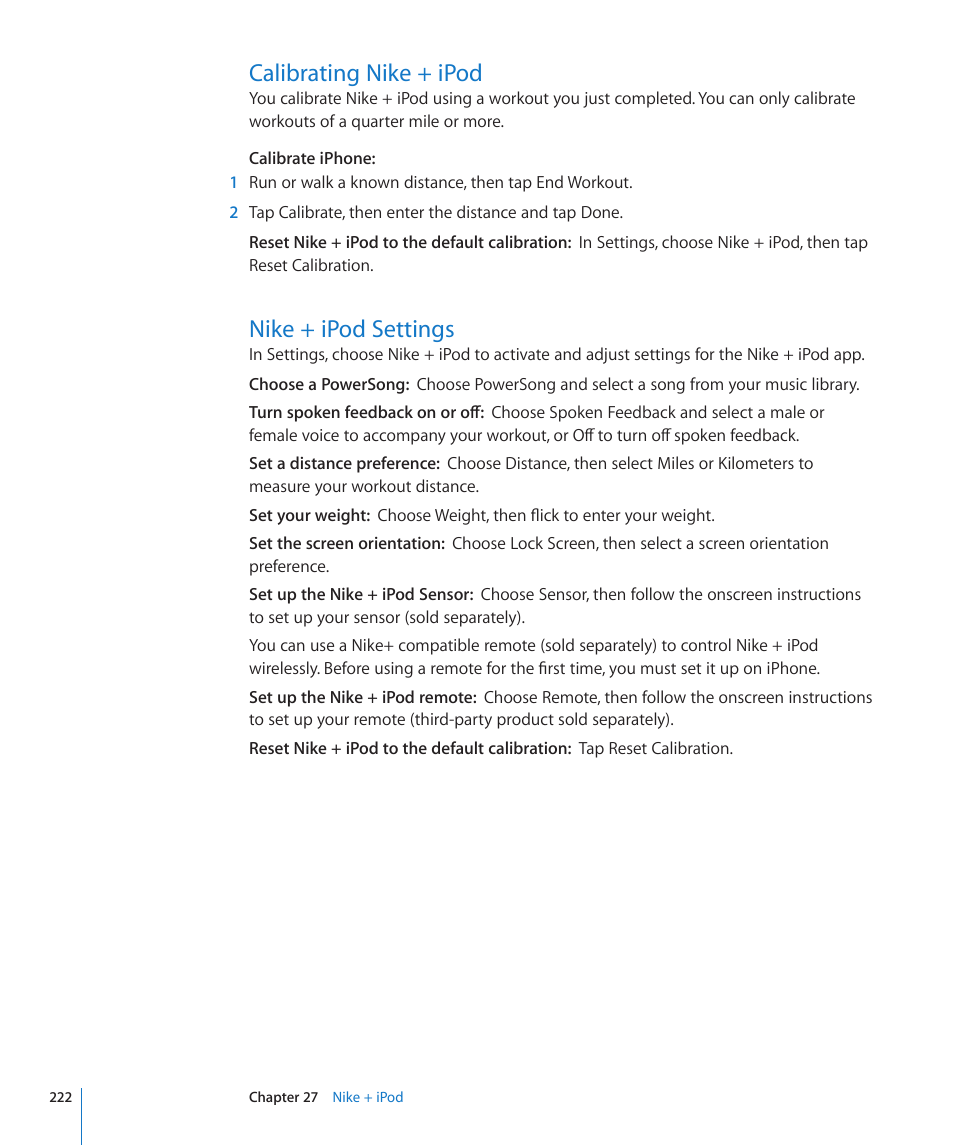 Calibrating nike + ipod, Nike + ipod settings | Apple iPhone 4G User Manual | Page 222 / 274