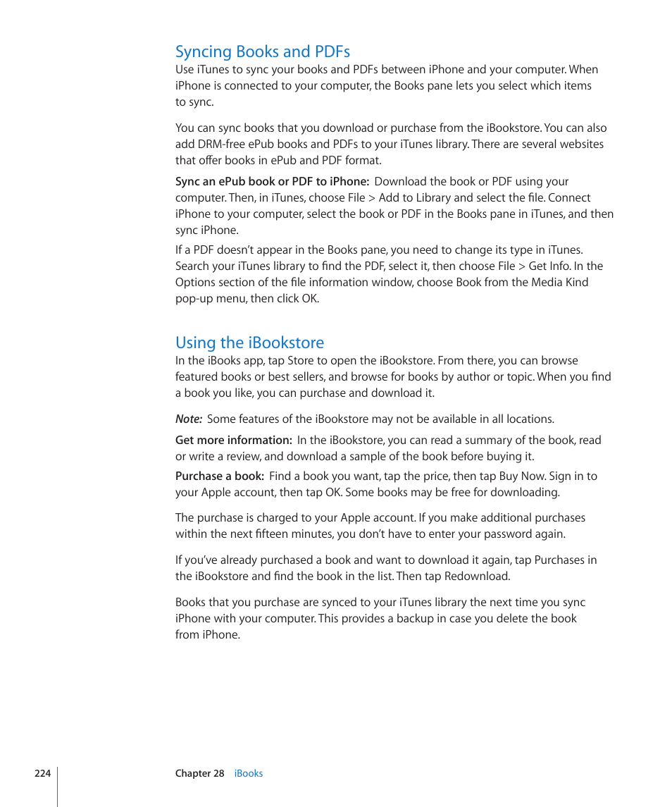Syncing books and pdfs, Using the ibookstore | Apple iPhone 4G User Manual | Page 224 / 274