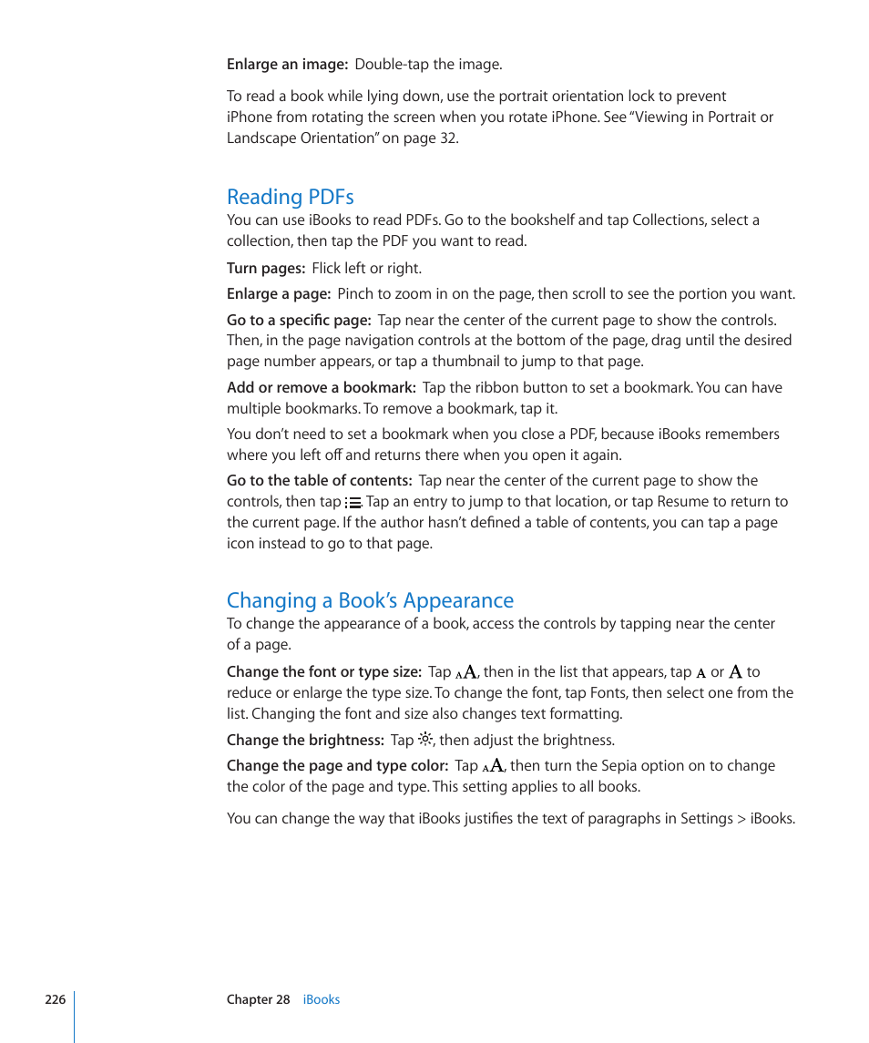 Reading pdfs, Changing a book’s appearance, 226 reading pdfs 226 changing a book’s appearance | Apple iPhone 4G User Manual | Page 226 / 274