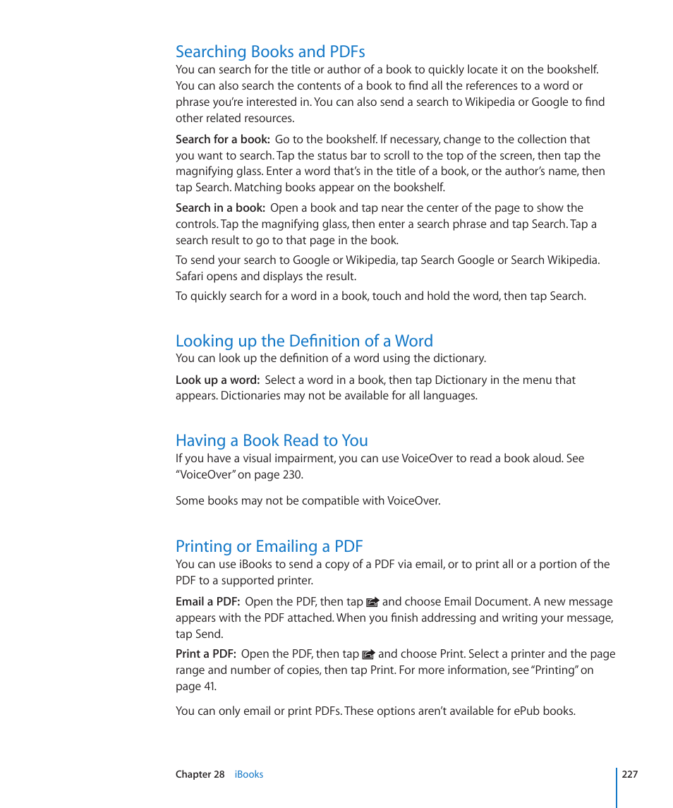 Searching books and pdfs, Looking up the definition of a word, Having a book read to you | Printing or emailing a pdf, 227 printing or emailing a pdf | Apple iPhone 4G User Manual | Page 227 / 274