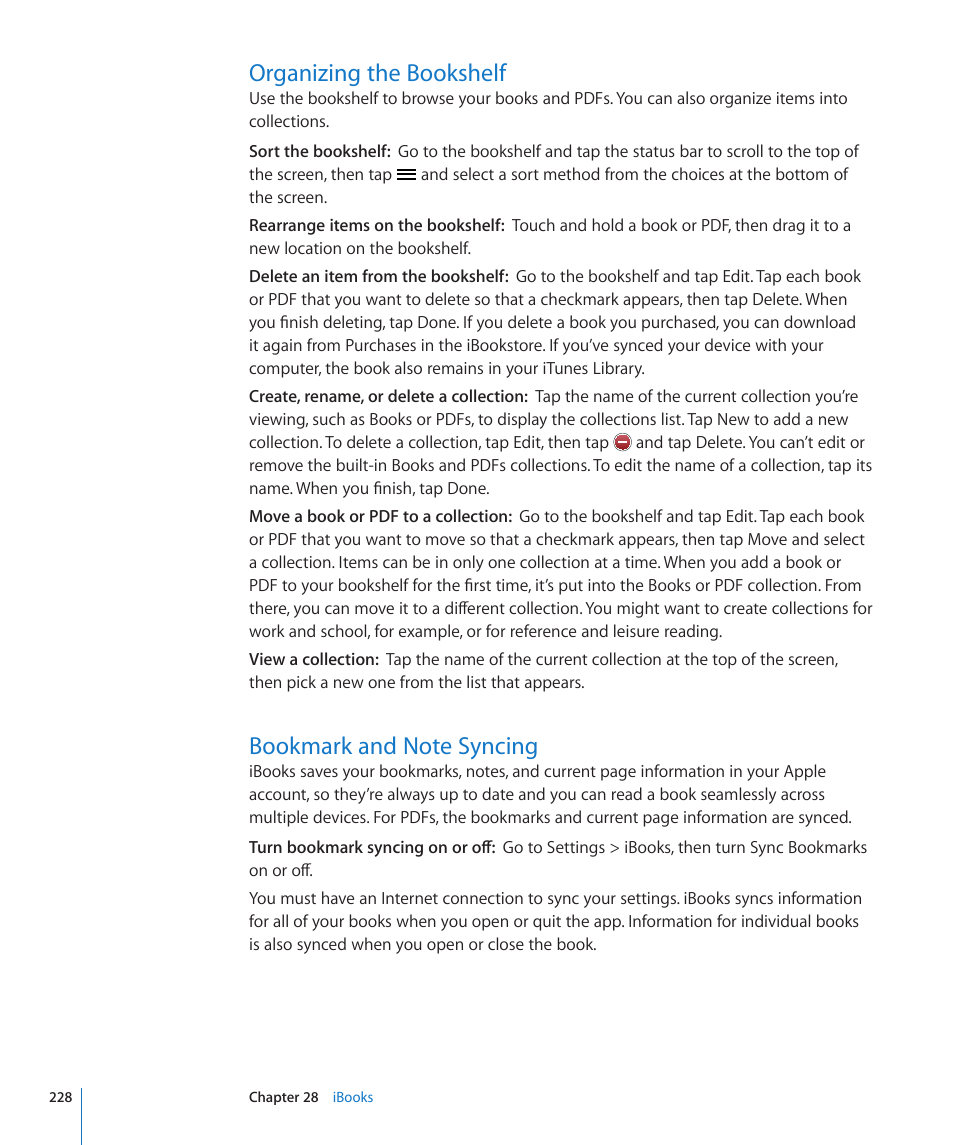 Organizing the bookshelf, Bookmark and note syncing | Apple iPhone 4G User Manual | Page 228 / 274