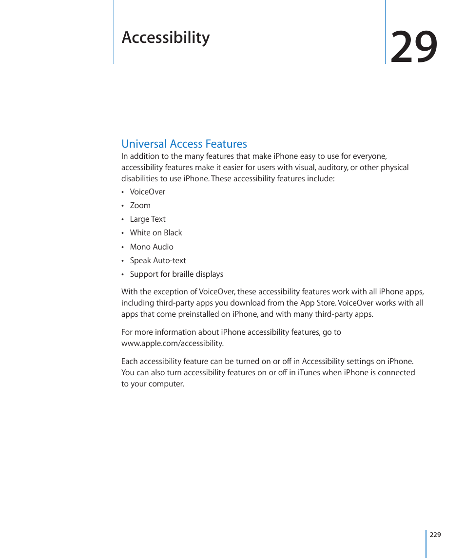 Chapter 29: accessibility, Universal access features, 229 universal access features | 29, “accessibility, Accessibility | Apple iPhone 4G User Manual | Page 229 / 274