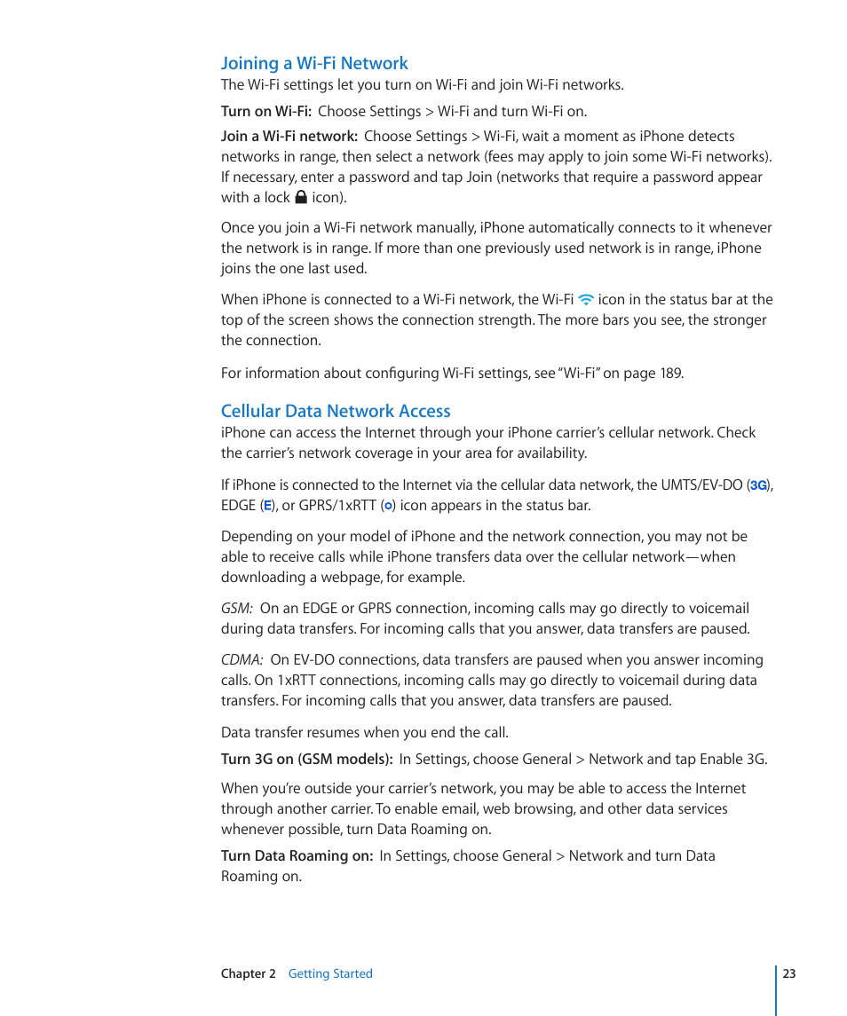 Joining a wi-fi network, Cellular data network access | Apple iPhone 4G User Manual | Page 23 / 274