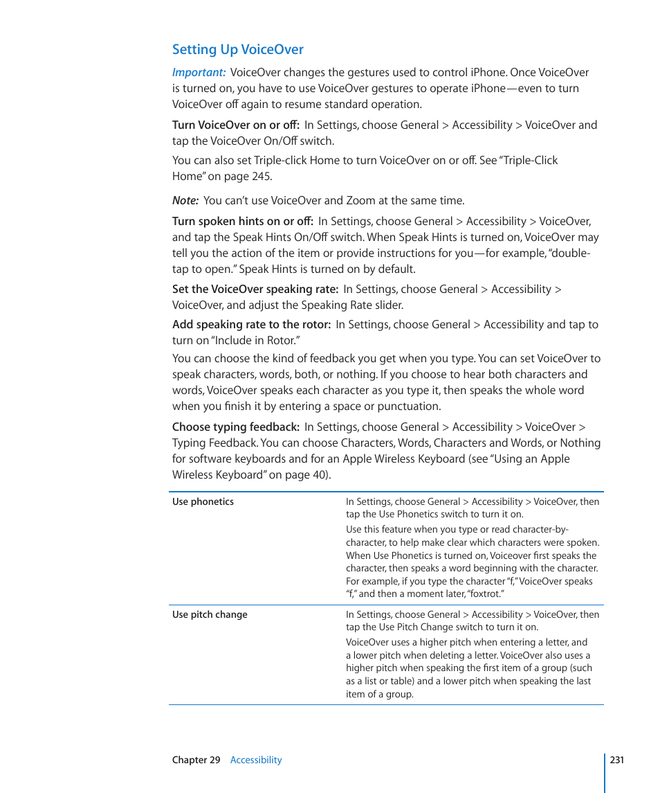 Setting up voiceover | Apple iPhone 4G User Manual | Page 231 / 274