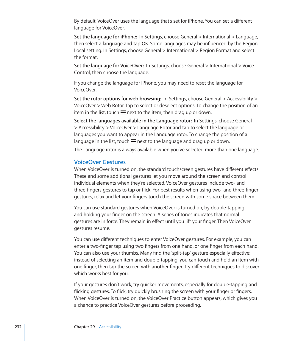 Voiceover gestures | Apple iPhone 4G User Manual | Page 232 / 274