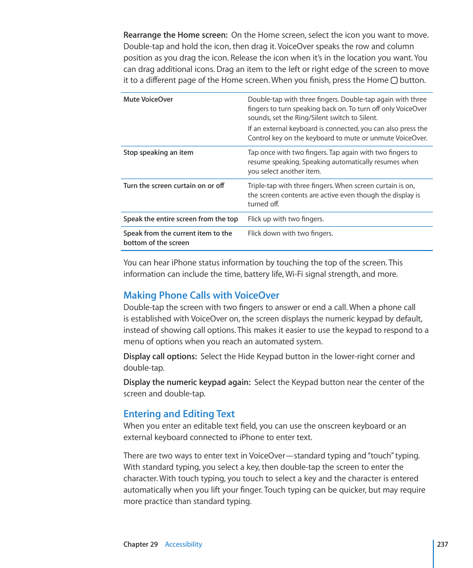 Making phone calls with voiceover, Entering and editing text | Apple iPhone 4G User Manual | Page 237 / 274