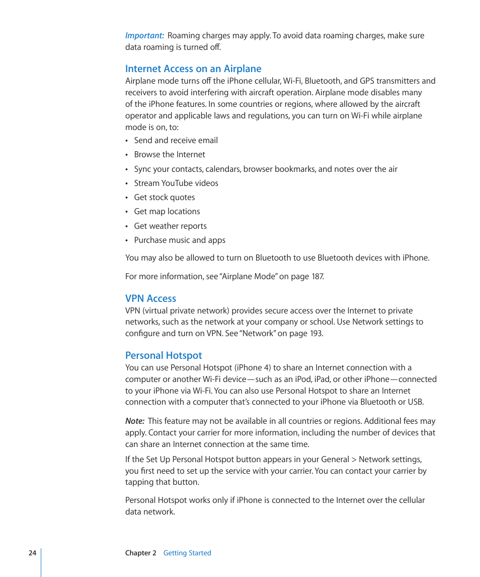Personal hotspot, Internet access on an airplane, Vpn access | Apple iPhone 4G User Manual | Page 24 / 274