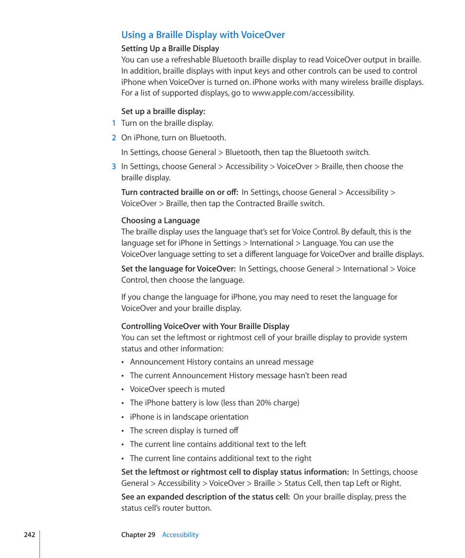 Using a braille display with voiceover | Apple iPhone 4G User Manual | Page 242 / 274