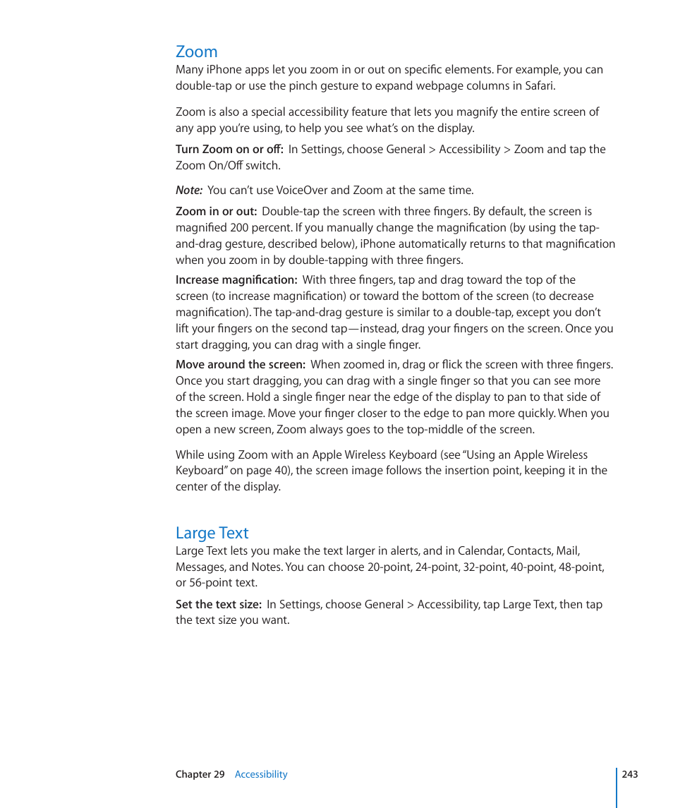 Zoom, Large text, 243 zoom 243 large text | Apple iPhone 4G User Manual | Page 243 / 274