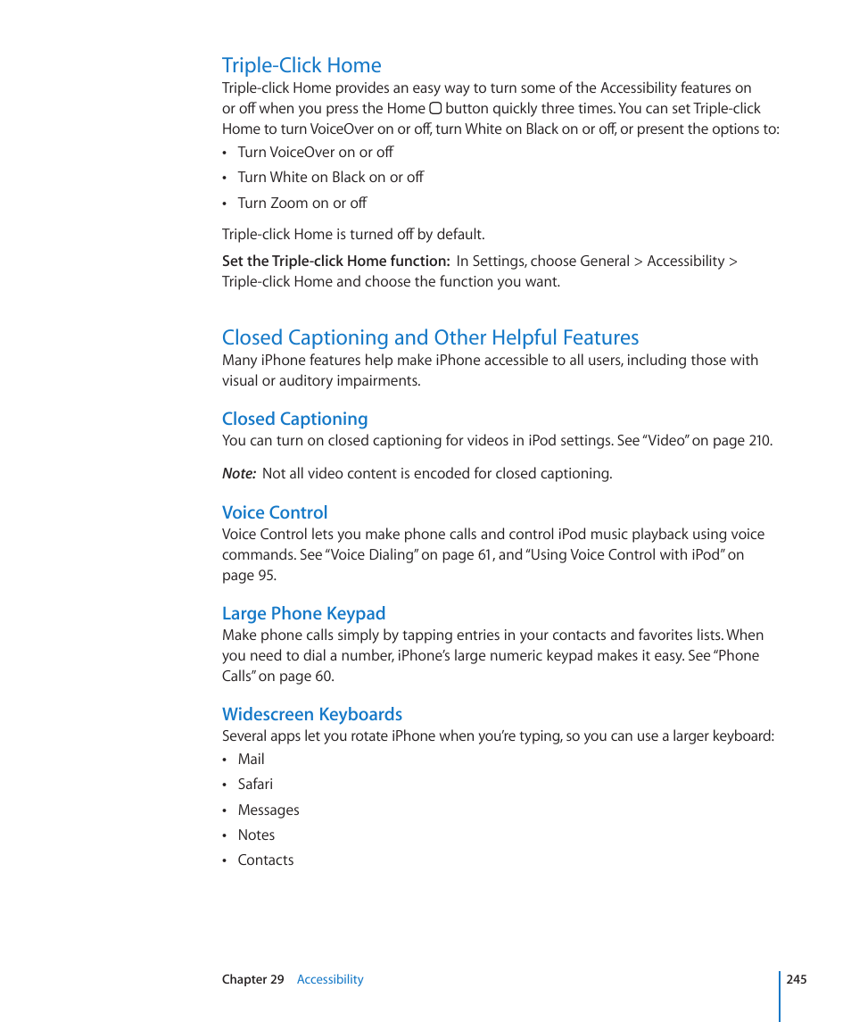 Triple-click home, Closed captioning and other helpful features, Closed captioning | Voice control, Large phone keypad, Widescreen keyboards | Apple iPhone 4G User Manual | Page 245 / 274