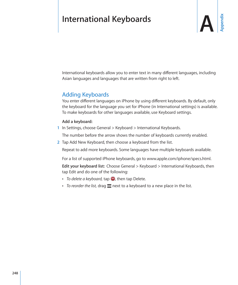 Appendix a: international keyboards, Adding keyboards, Appendix a: international keyboards | 248 adding keyboards, International keyboards, 248 and | Apple iPhone 4G User Manual | Page 248 / 274