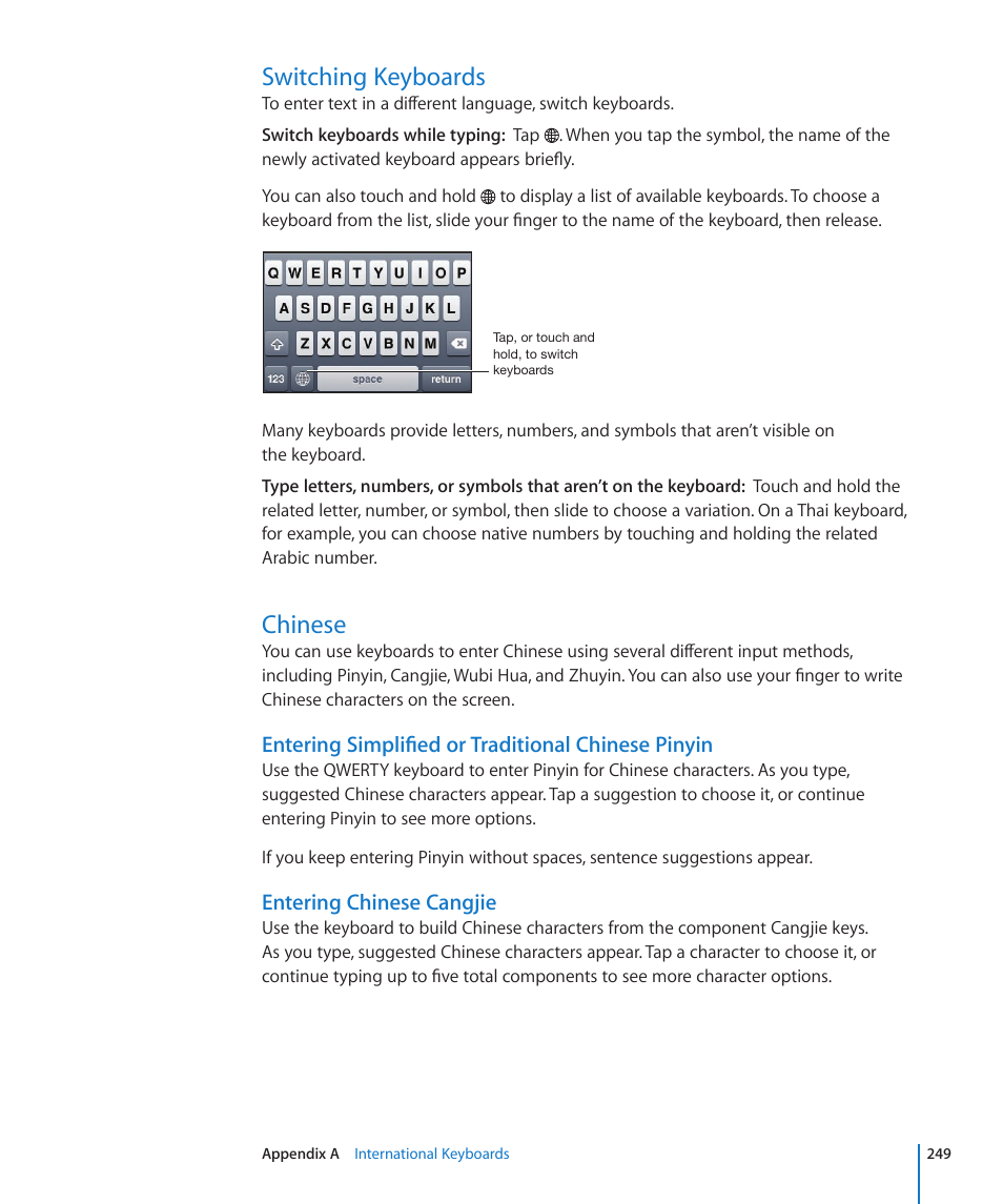 Switching keyboards, Chinese, 249 switching keyboards 249 chinese | Apple iPhone 4G User Manual | Page 249 / 274