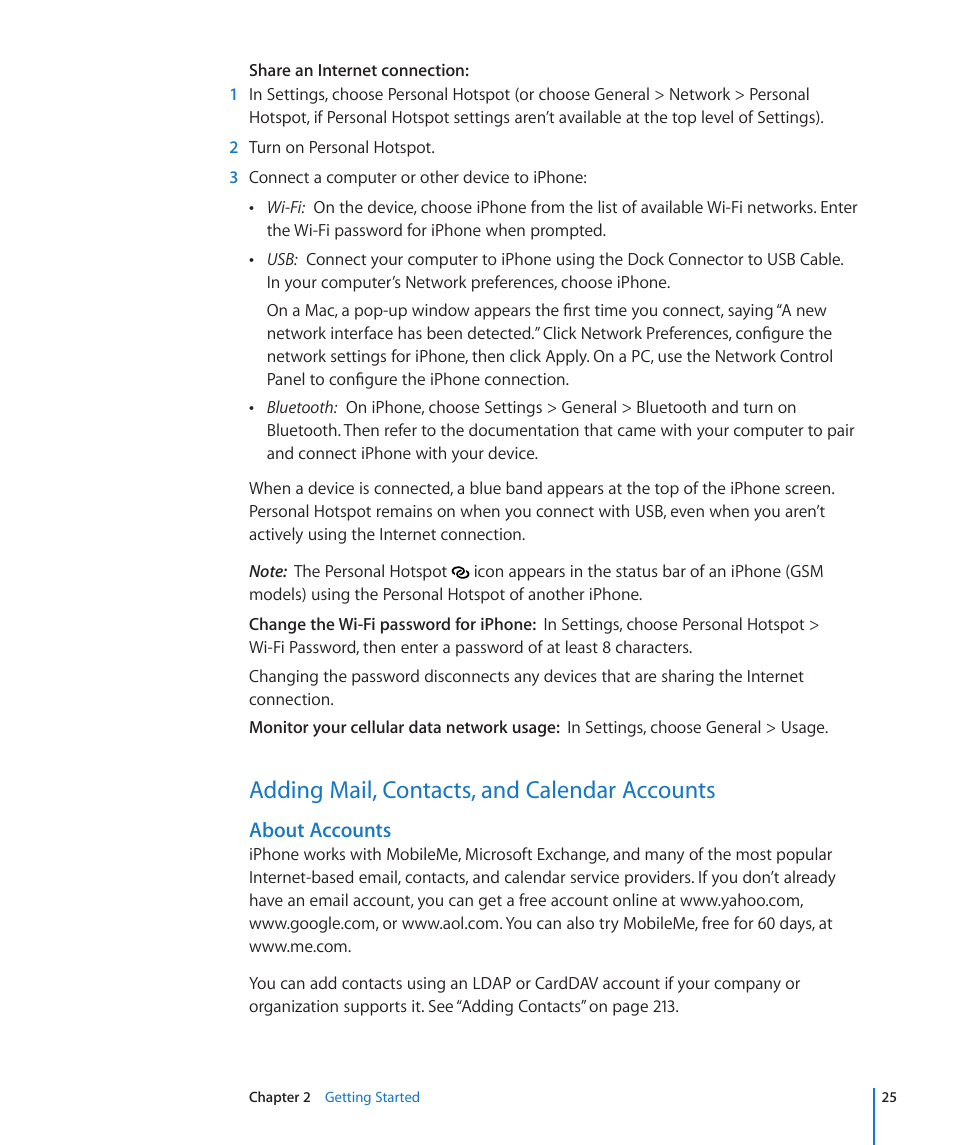 Adding mail, contacts, and calendar accounts, 25 adding mail, contacts, and calendar accounts, About accounts | Apple iPhone 4G User Manual | Page 25 / 274