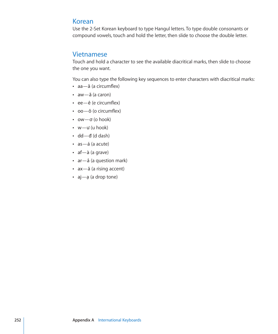 Korean, Vietnamese, 252 korean 252 vietnamese | Apple iPhone 4G User Manual | Page 252 / 274