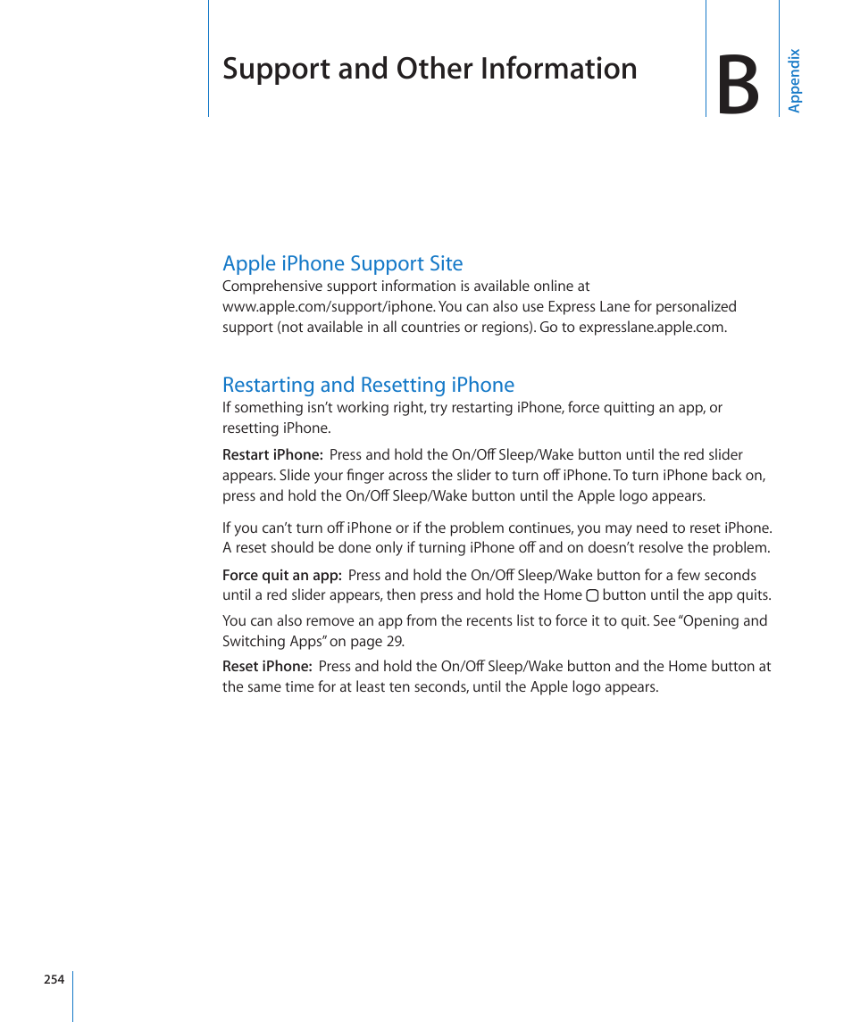 Appendix b: support and other information, Apple iphone support site, Restarting and resetting iphone | Appendix b: support and other information, Support and other information | Apple iPhone 4G User Manual | Page 254 / 274