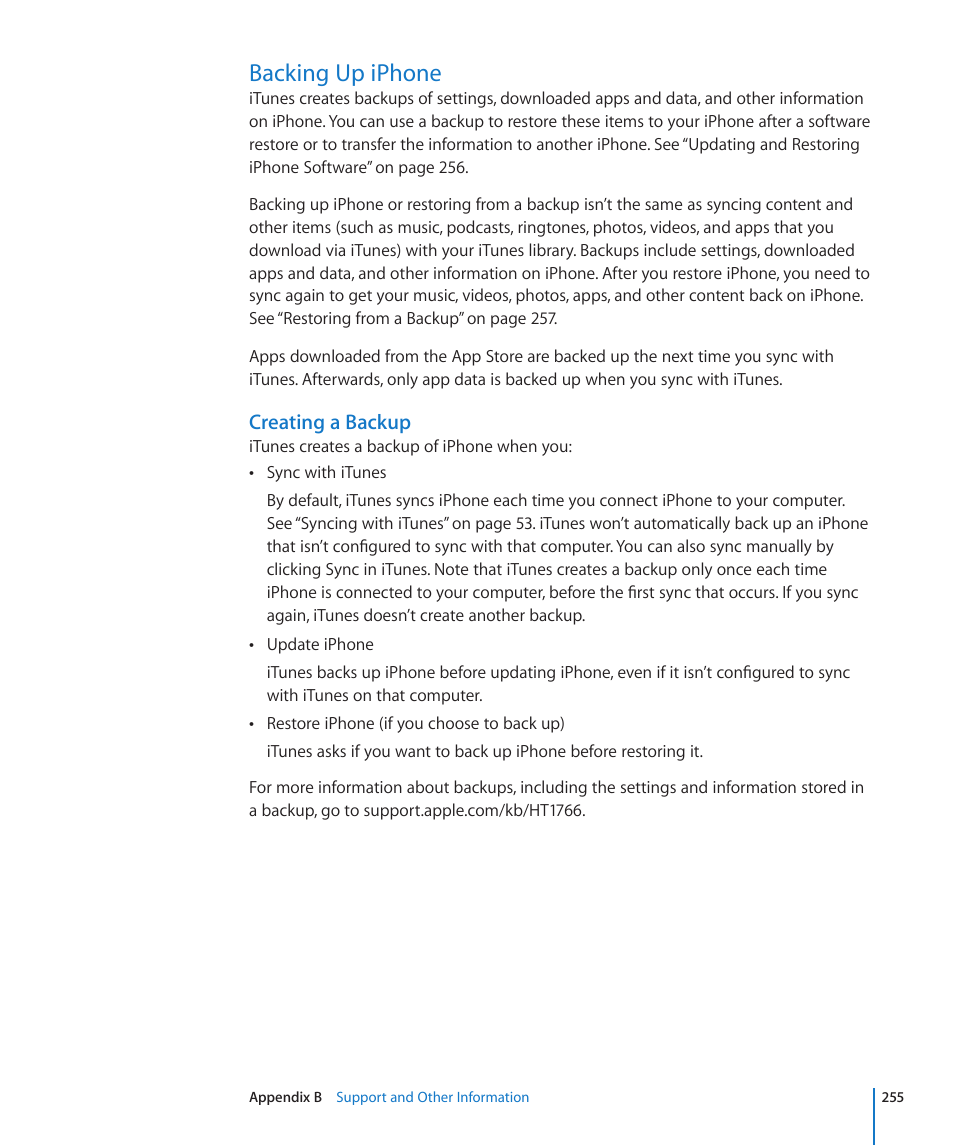 Backing up iphone, 255 backing up iphone, Creating a backup | Apple iPhone 4G User Manual | Page 255 / 274