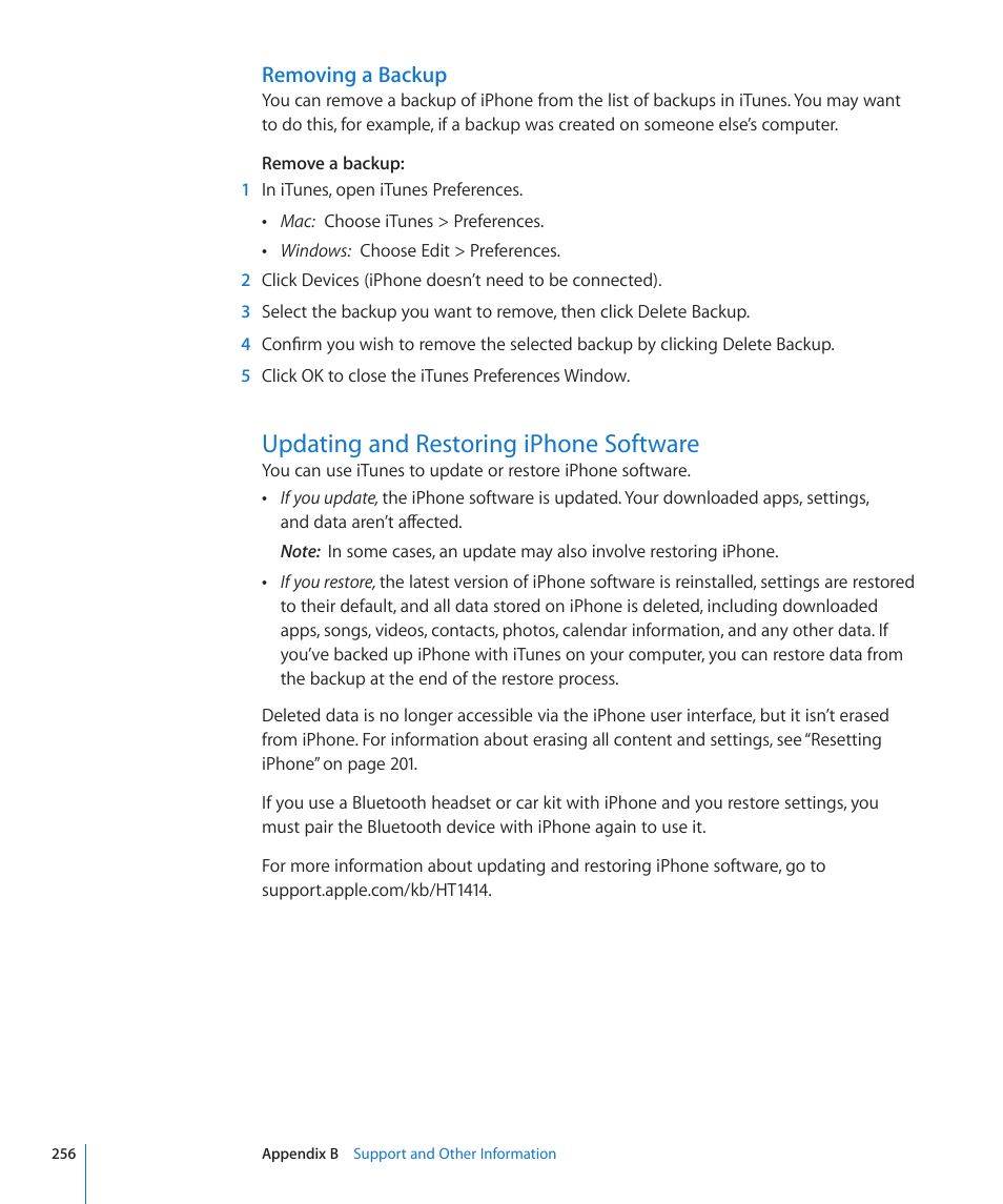 Updating and restoring iphone software, 256 updating and restoring iphone software, Removing a backup | Apple iPhone 4G User Manual | Page 256 / 274