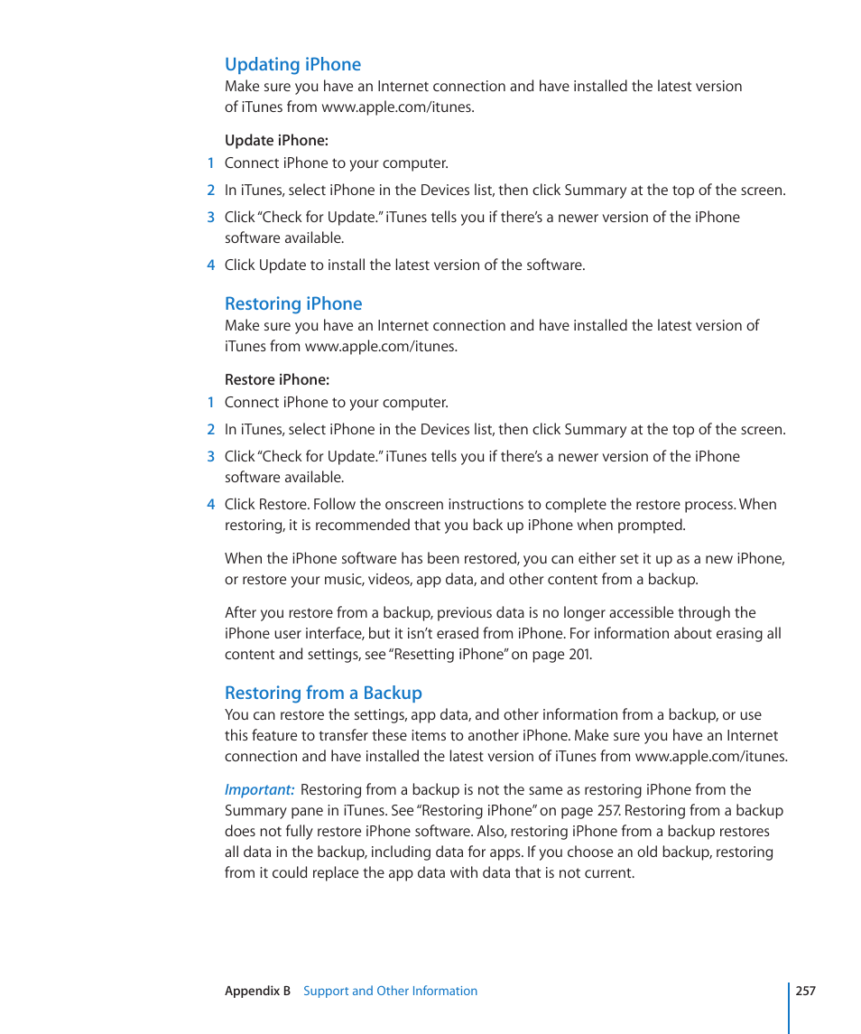 Restoring iphone, Restoring from a backup, Updating iphone | Apple iPhone 4G User Manual | Page 257 / 274