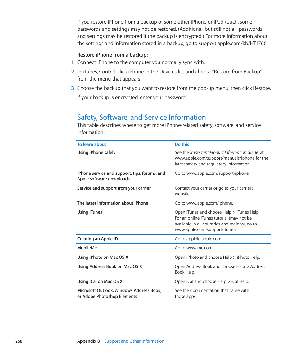 Safety, software, and service information, 258 safety, software, and service information | Apple iPhone 4G User Manual | Page 258 / 274