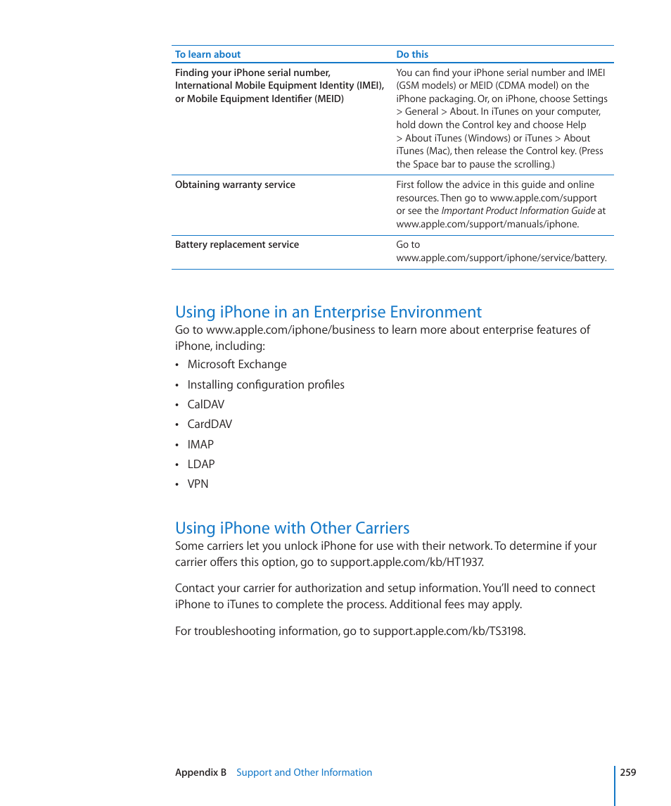 Using iphone in an enterprise environment, Using iphone with other carriers | Apple iPhone 4G User Manual | Page 259 / 274