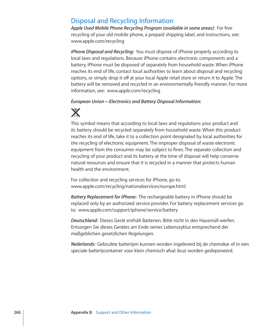 Disposal and recycling information, 260 disposal and recycling information | Apple iPhone 4G User Manual | Page 260 / 274