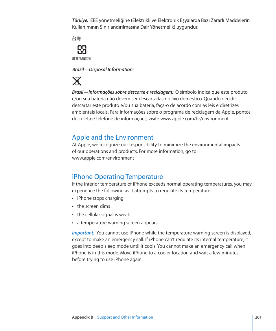 Apple and the environment, Iphone operating temperature | Apple iPhone 4G User Manual | Page 261 / 274