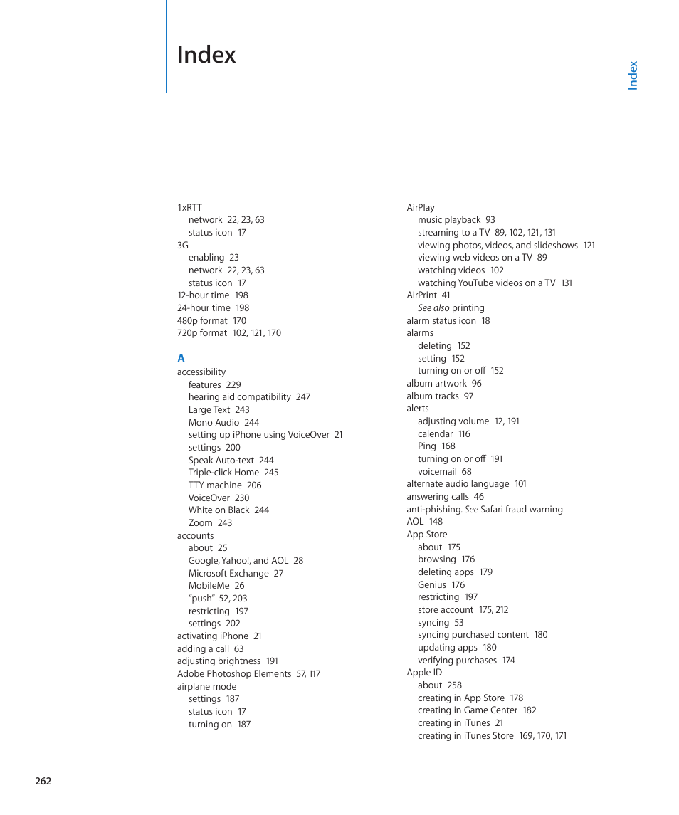 Index | Apple iPhone 4G User Manual | Page 262 / 274