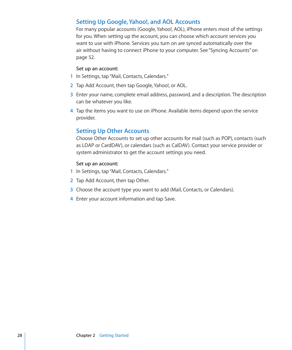 Setting up google, yahoo!, and aol accounts, Setting up other accounts | Apple iPhone 4G User Manual | Page 28 / 274