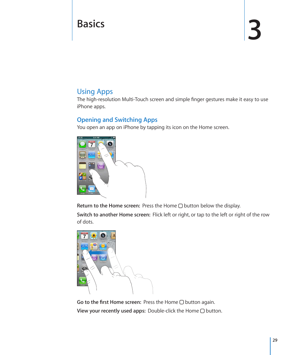 Chapter 3: basics, Using apps, 29 using apps | Opening and switching apps, Basics | Apple iPhone 4G User Manual | Page 29 / 274