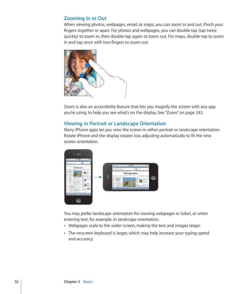 Viewing in portrait or landscape orientation, Zooming in or out | Apple iPhone 4G User Manual | Page 32 / 274