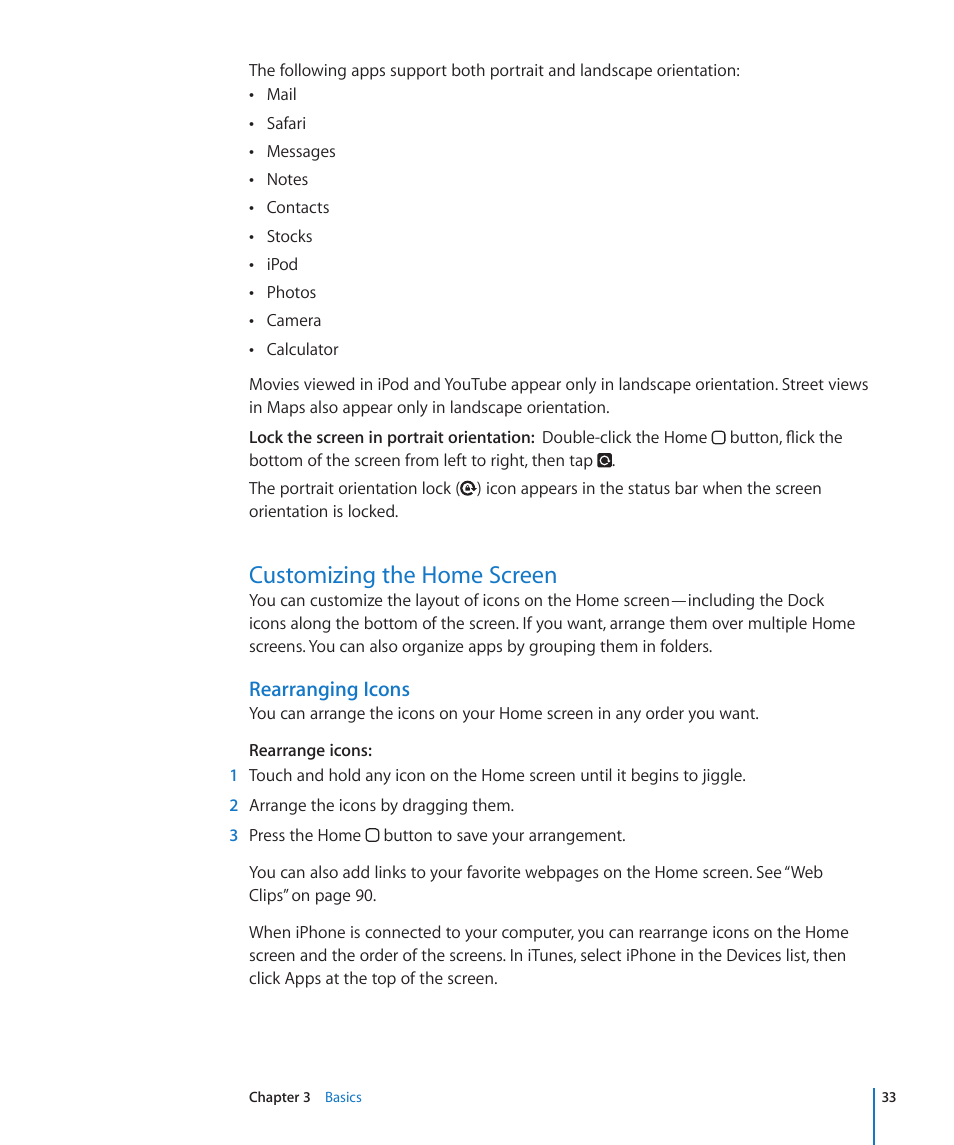 Customizing the home screen, 33 customizing the home screen, Rearranging icons | Apple iPhone 4G User Manual | Page 33 / 274