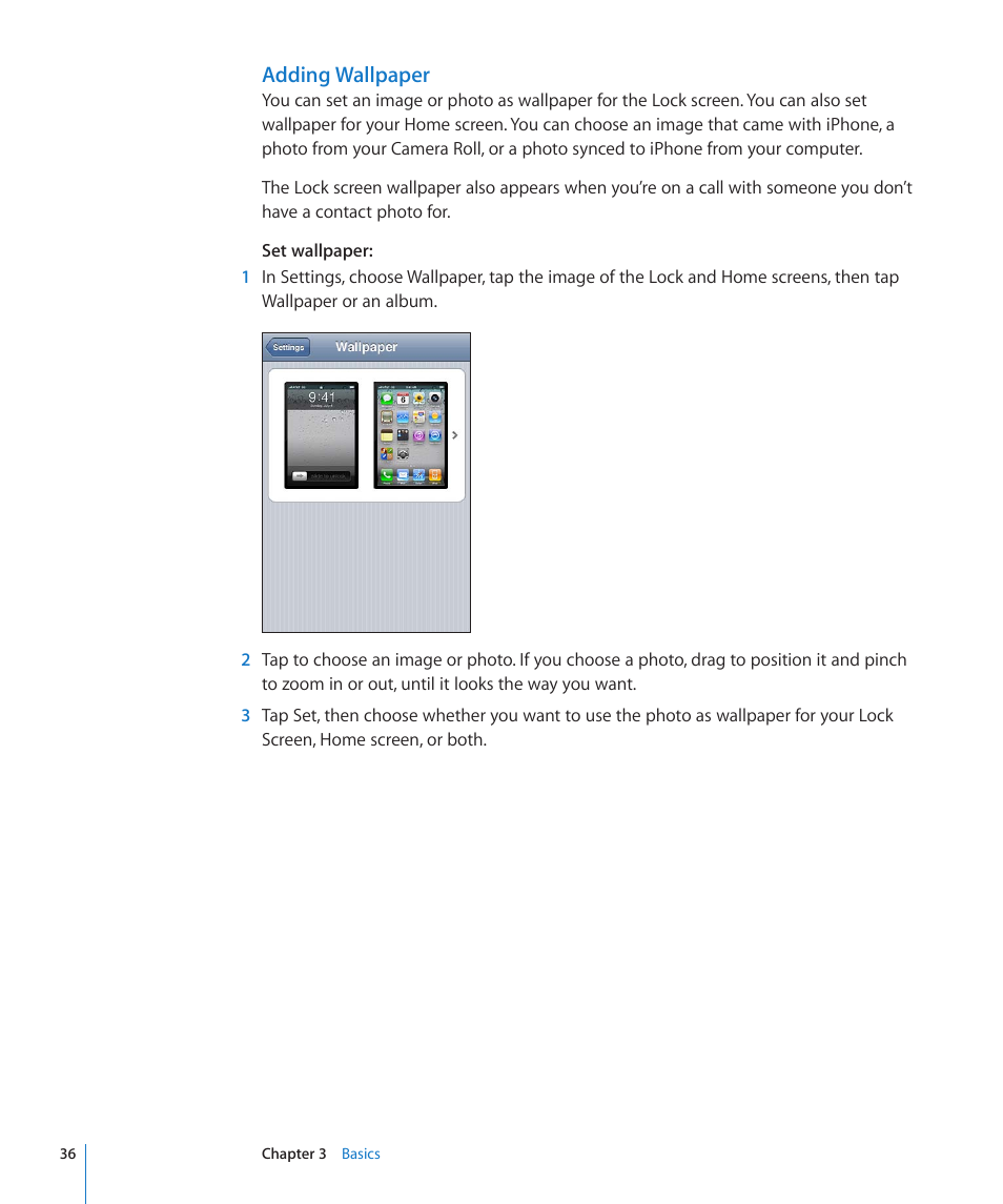 Adding wallpaper | Apple iPhone 4G User Manual | Page 36 / 274