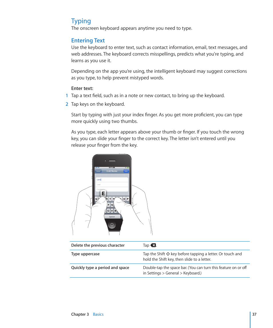 Typing, 37 typing, Entering text | Apple iPhone 4G User Manual | Page 37 / 274