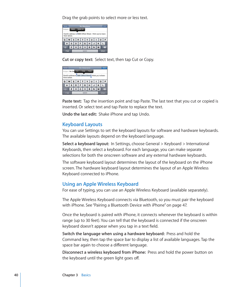 Keyboard layouts, Using an apple wireless keyboard | Apple iPhone 4G User Manual | Page 40 / 274