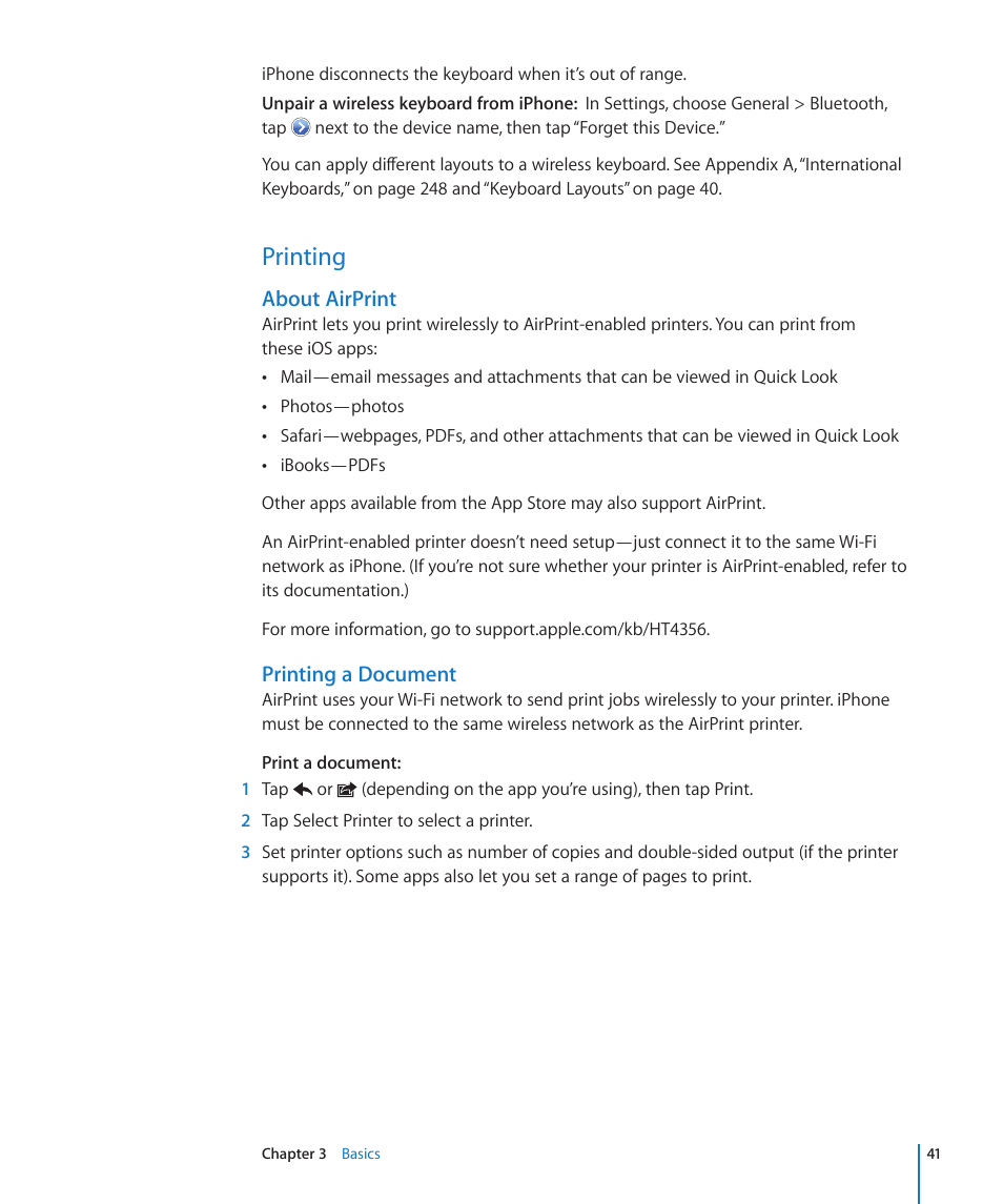 Printing, 41 printing, About airprint | Printing a document | Apple iPhone 4G User Manual | Page 41 / 274