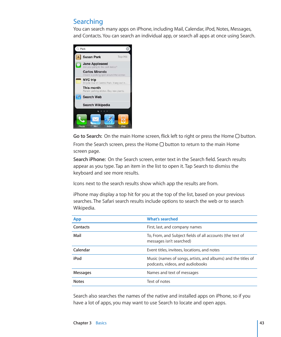 Searching, 43 searching | Apple iPhone 4G User Manual | Page 43 / 274