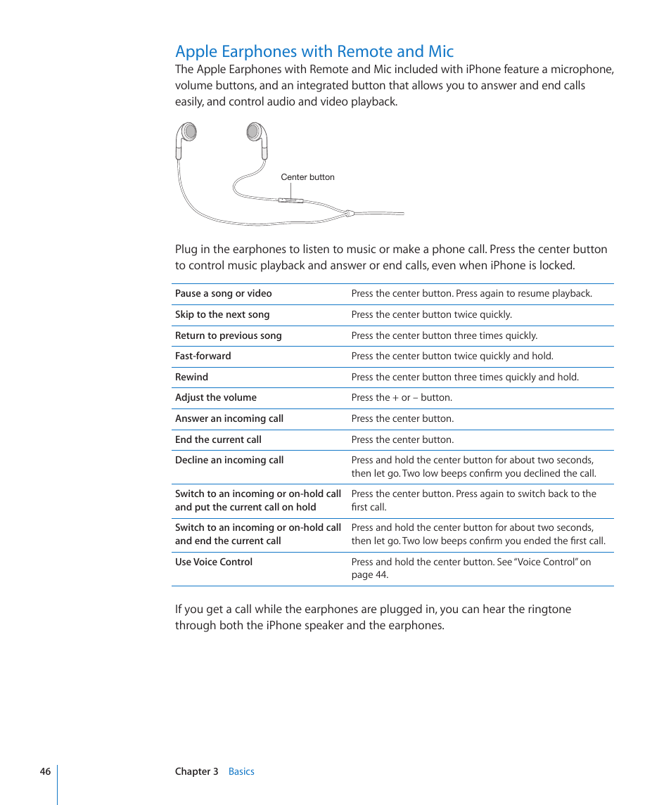 Apple earphones with remote and mic, 46 apple earphones with remote and mic | Apple iPhone 4G User Manual | Page 46 / 274