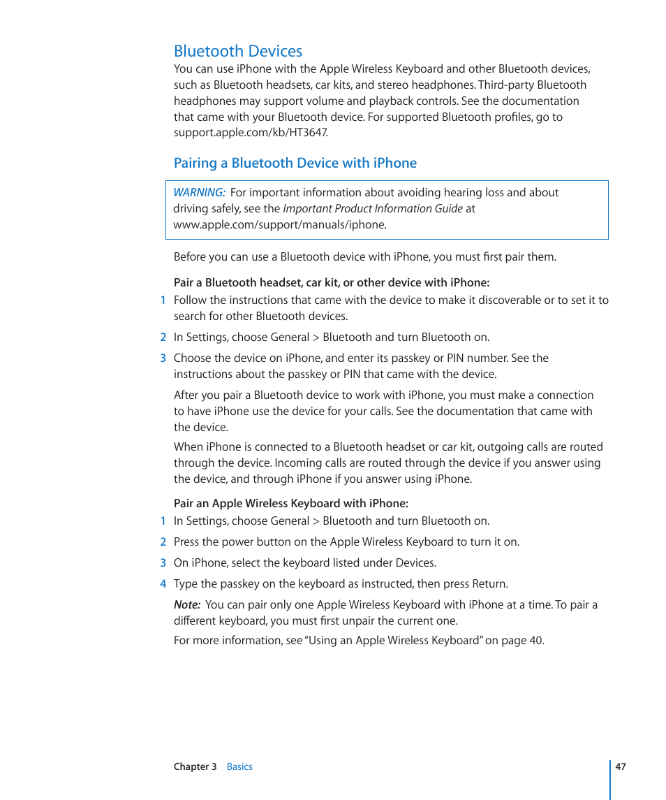 Bluetooth devices, 47 bluetooth devices, Pairing a bluetooth device with iphone | Apple iPhone 4G User Manual | Page 47 / 274