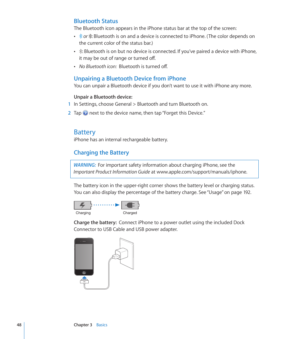 Battery, 48 battery, Bluetooth status | Unpairing a bluetooth device from iphone, Charging the battery | Apple iPhone 4G User Manual | Page 48 / 274