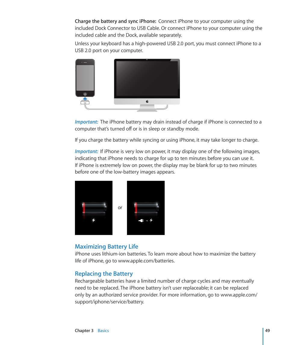 Maximizing battery life, Replacing the battery | Apple iPhone 4G User Manual | Page 49 / 274