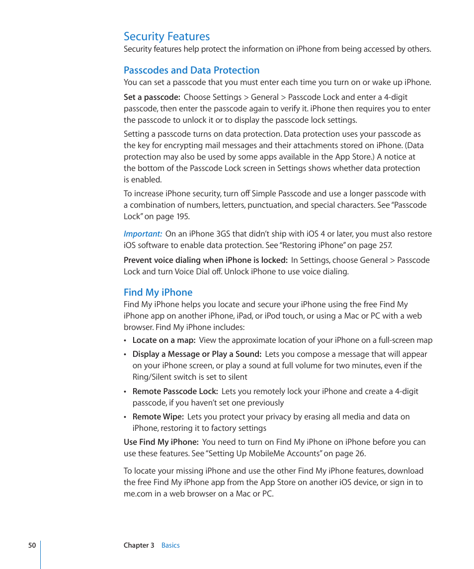 Security features, 50 security features, Passcodes and data protection | Find my iphone | Apple iPhone 4G User Manual | Page 50 / 274