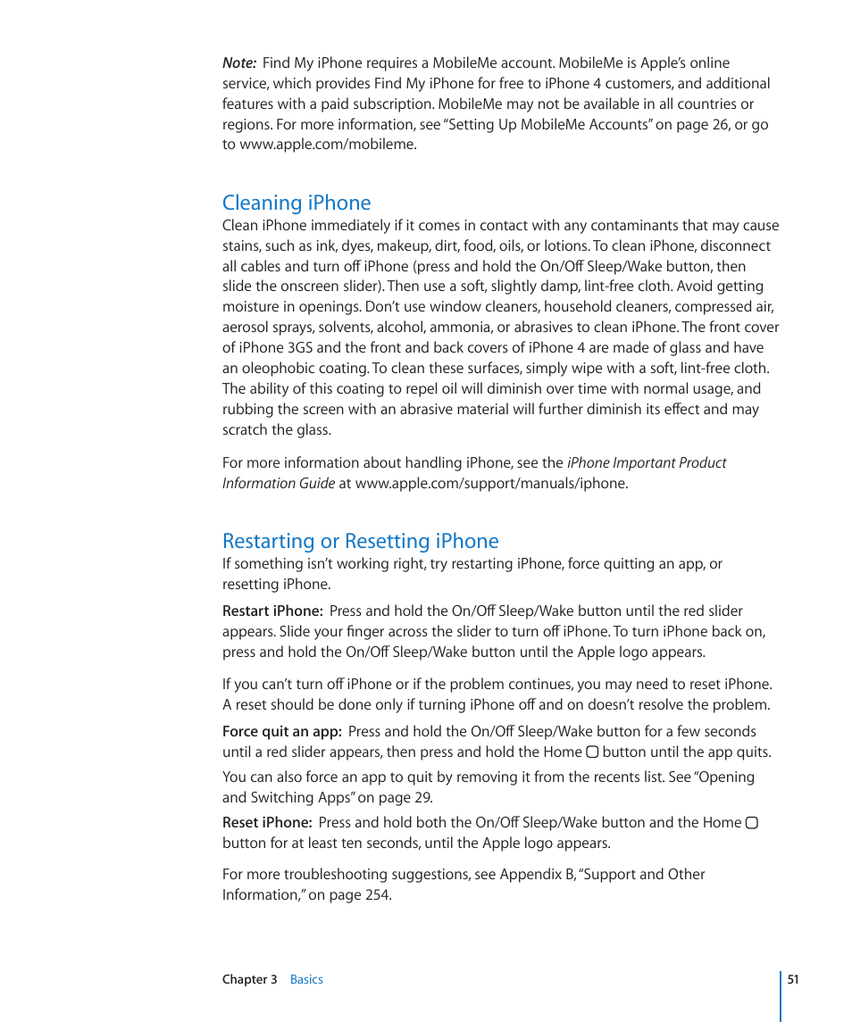 Cleaning iphone, Restarting or resetting iphone | Apple iPhone 4G User Manual | Page 51 / 274
