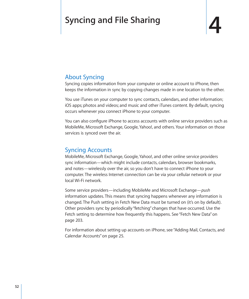 Chapter 4: syncing and file sharing, About syncing, Syncing accounts | 52 about syncing 52 syncing accounts, Syncing and file sharing | Apple iPhone 4G User Manual | Page 52 / 274