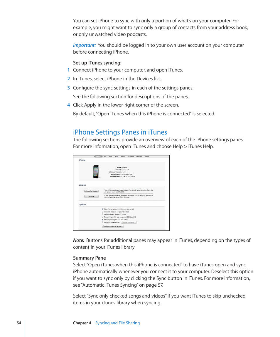 Iphone settings panes in itunes, 54 iphone settings panes in itunes | Apple iPhone 4G User Manual | Page 54 / 274