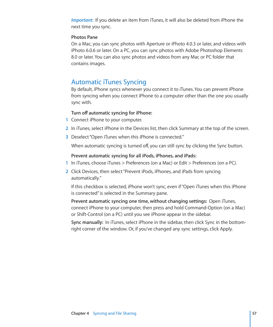 Automatic itunes syncing, 57 automatic itunes syncing | Apple iPhone 4G User Manual | Page 57 / 274