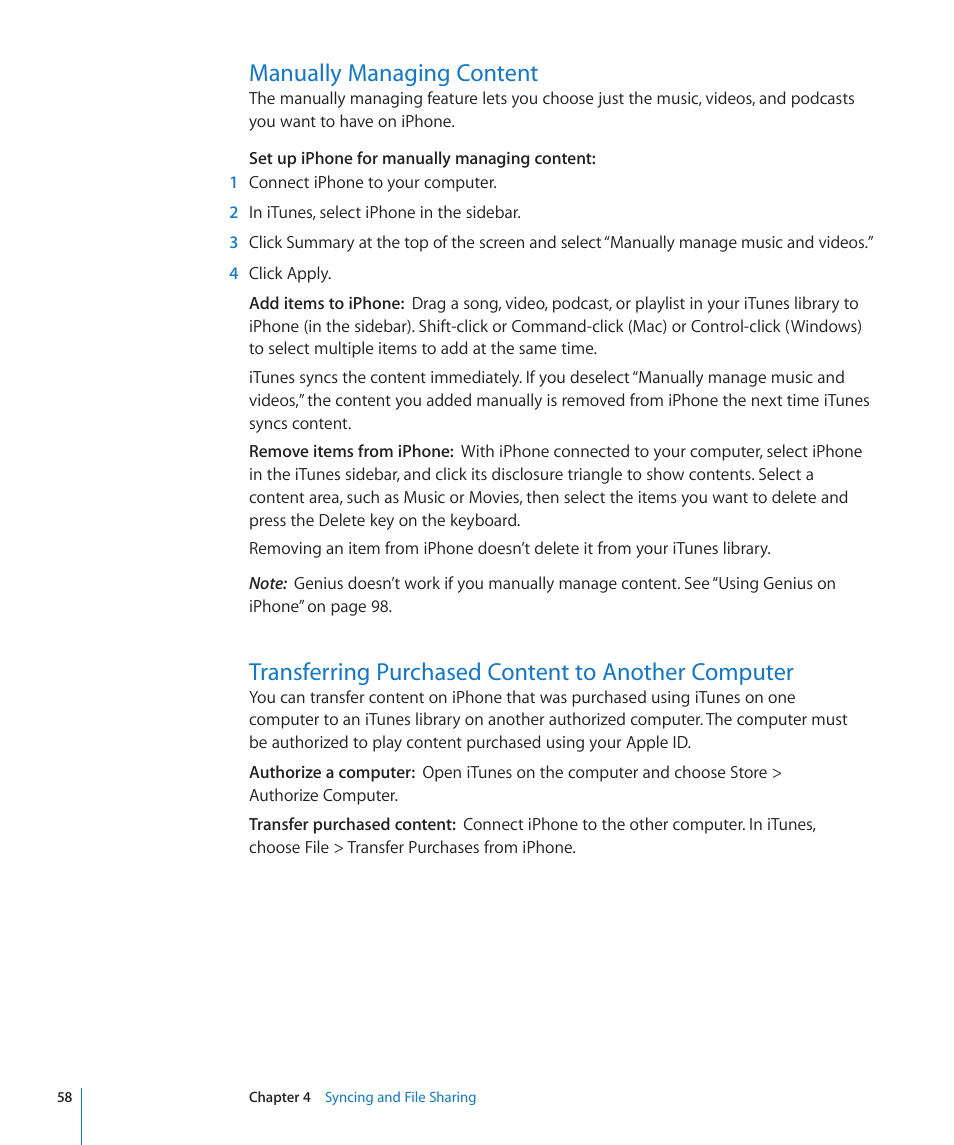 Manually managing content, Transferring purchased content to another computer | Apple iPhone 4G User Manual | Page 58 / 274