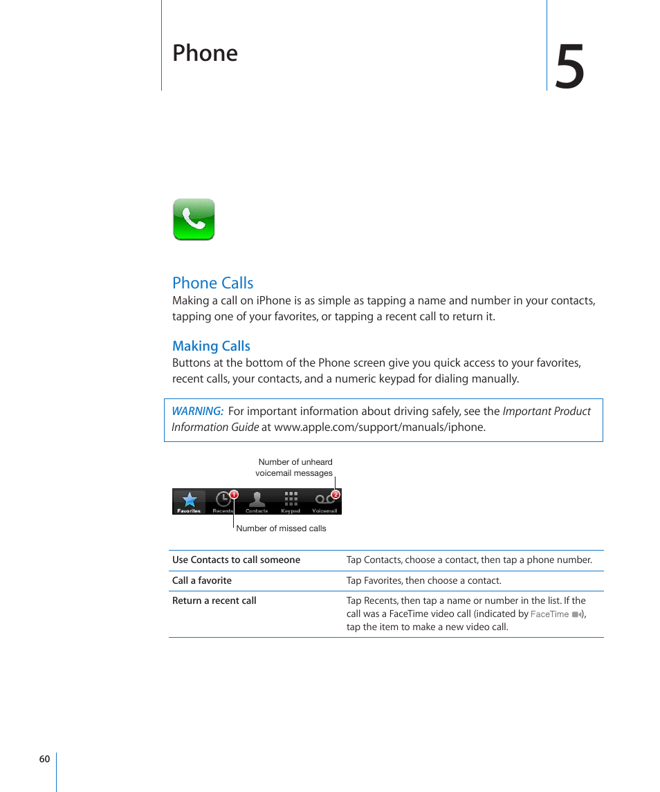 Chapter 5: phone, Phone calls, 60 phone calls | Phone | Apple iPhone 4G User Manual | Page 60 / 274