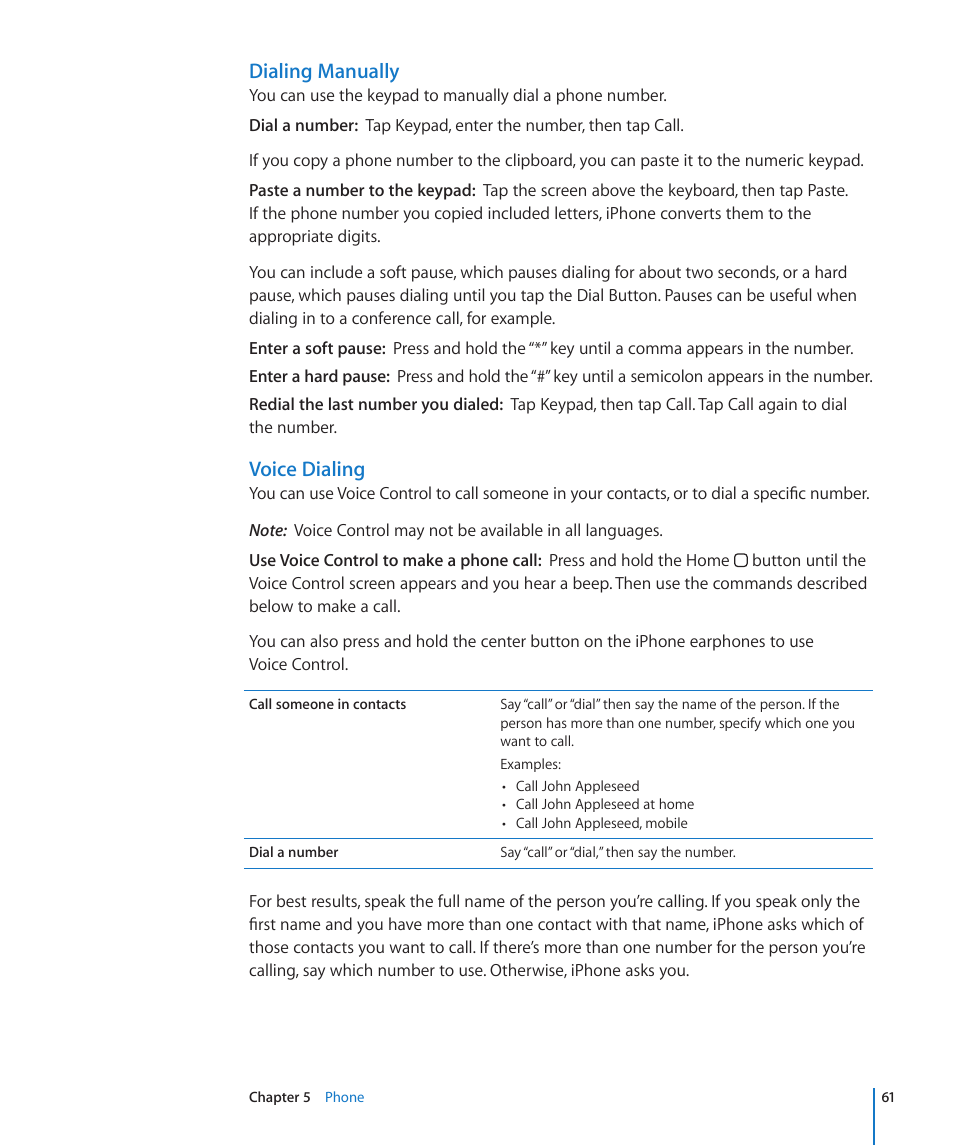 Voice dialing, Dialing manually | Apple iPhone 4G User Manual | Page 61 / 274
